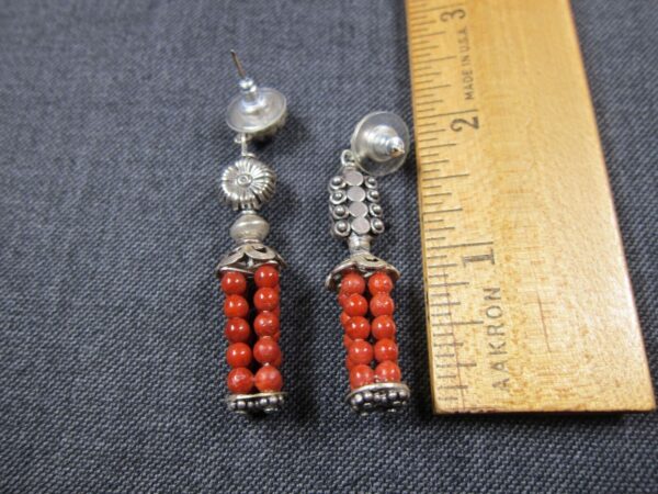 Neat asymmetrical sterling silver & red/orange bead artisan dangle earrings - Image 3