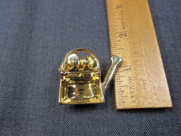 Adorable enameled watering can and flowers brooch pin pink blue faux pearls - Image 2