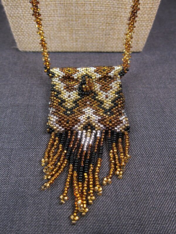 Gorgeous handmade seed bead stash pouch 34" necklace leopard print zigzag - Image 2