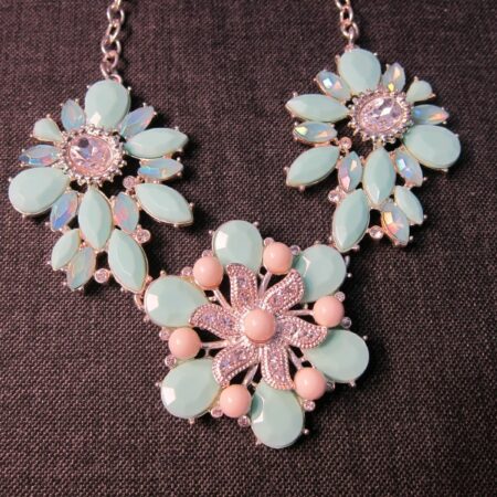 Gorgeous Avon SHB statement necklace seafoam minty green flowers AB crystals