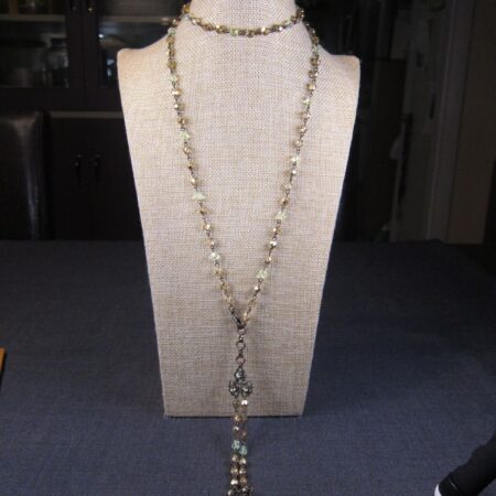 Beautiful 36" long AB glass bead & brassy rhinestone pendant necklace