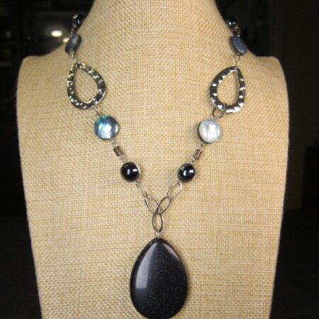 Beautiful Lia Sophia blue 'goldstone' & irridescent shell Y-drop necklace