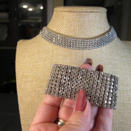 Gorgeous modern white rhinestone choker necklace & wide stretch bracelet set