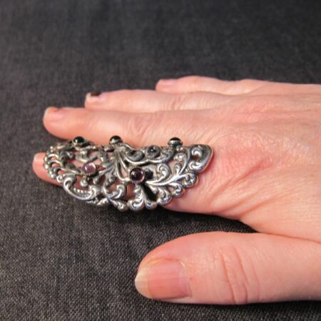 Very unusual full finger ring silver tone adjustable rhinestones openwork cage
