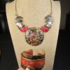 Wow! Gorgeous vintage Brutalist necklace cuff bracelet set brass red