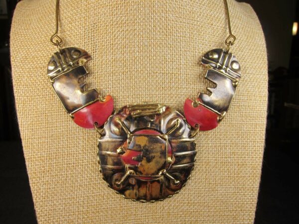 Wow! Gorgeous vintage Brutalist necklace cuff bracelet set brass red - Image 2