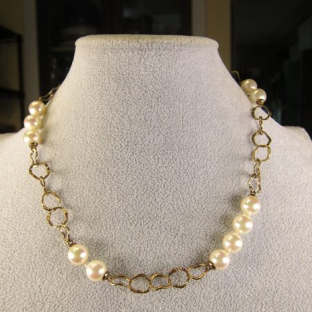 Gorgeous pearl gold plated sterling silver hammered link necklace 17"