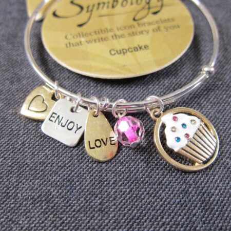 Cute Symbology expandable wire bracelet silver tone w/cupcake love charms KIS