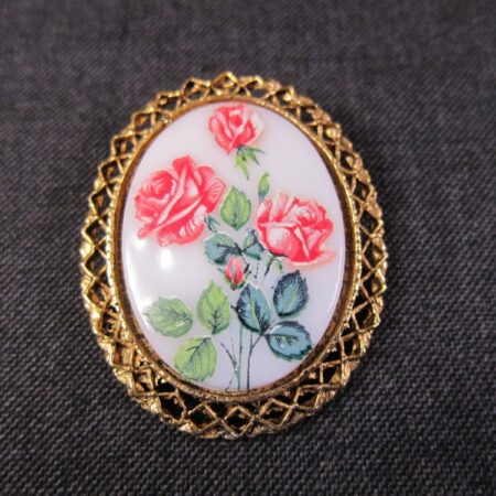 Gorgeous vintage transfer painted roses on milk glass large pendant/pin/brooch