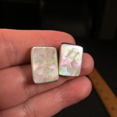 Beautiful, unique etched abalone flower design rectangular pierced earrings 3/4"