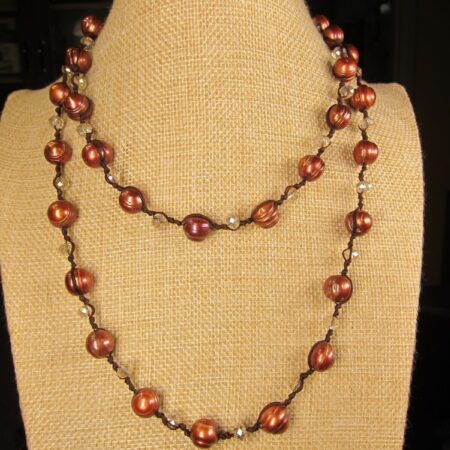 Gorgeous real coppery 'ringed' pearls crystal beaded 36" long necklace 925 clasp