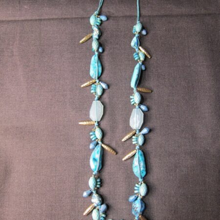 Chico's gorgeous statement necklace aqua blue glass & stone, light gold tone