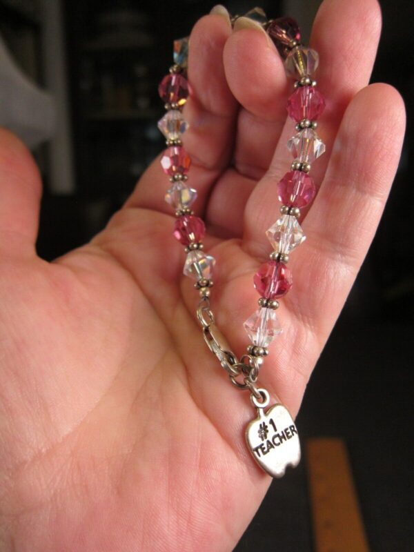 Lovely sterling silver pink clear AB glass bead bracelet #1 Teacher SJC - Image 4