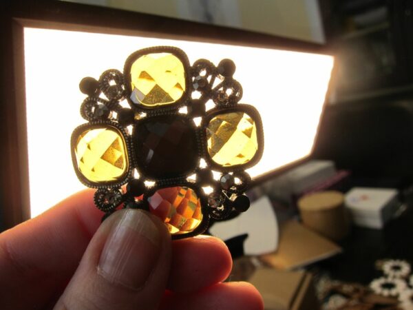 Beautiful yellow & dark amber glass gunmetal color pin brooch faceted heavy