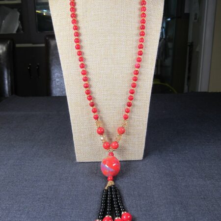 Gorgeous 30" long red black gold glass bead necklace with tassel hand blown