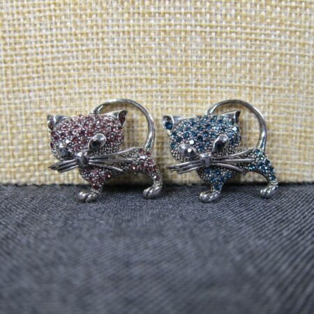 Gorgeous pair two pave rhinestone kitty cat pins brooches signed WM blue purple