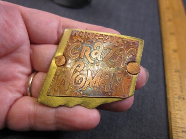 Neat OOAK Warning Crazy Woman brass copper brooch signed A Van Tassel - Image 3