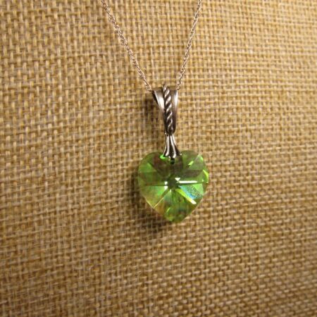 Beautiful lime green AB crystal heart pendant sterling silver 18" necklace