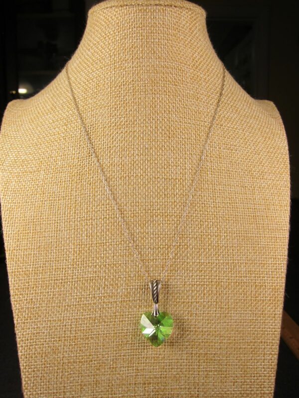Beautiful lime green AB crystal heart pendant sterling silver 18" necklace - Image 2