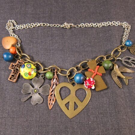 Crazy busy charm necklace brass tone heart bird crosses lampwork glass 19"