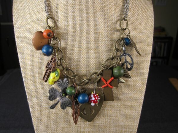 Crazy busy charm necklace brass tone heart bird crosses lampwork glass 19" - Image 3