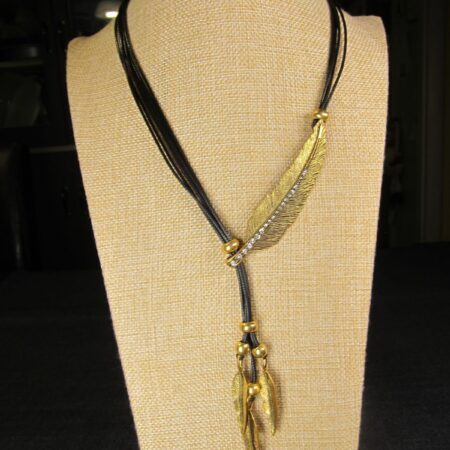 Beautiful unique gold-tone rhinestone feather lariat bolo style necklace black