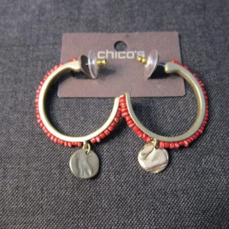 Brand New on package Chico's Glenda Hoop earrings gold tone w/red beads