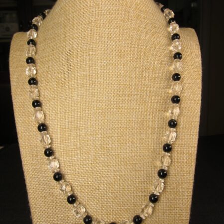 Beautiful vintage or antique necklace clear cut glass black glass beads 24"