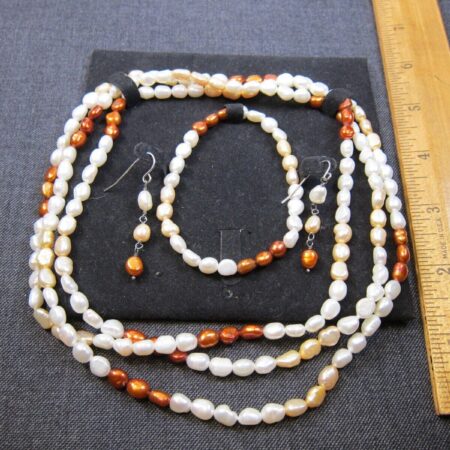 Beautiful white golden coppery real pearl necklace earrings bracelet set!