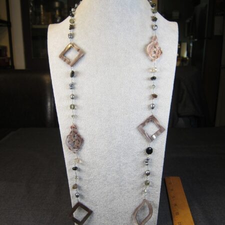 Gorgeous 38" necklace real black pearls carved abalone MOP quartz etc.