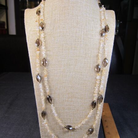 Gorgeous 60" long quartz citrine chip necklace w/faceted smoky quartz beads