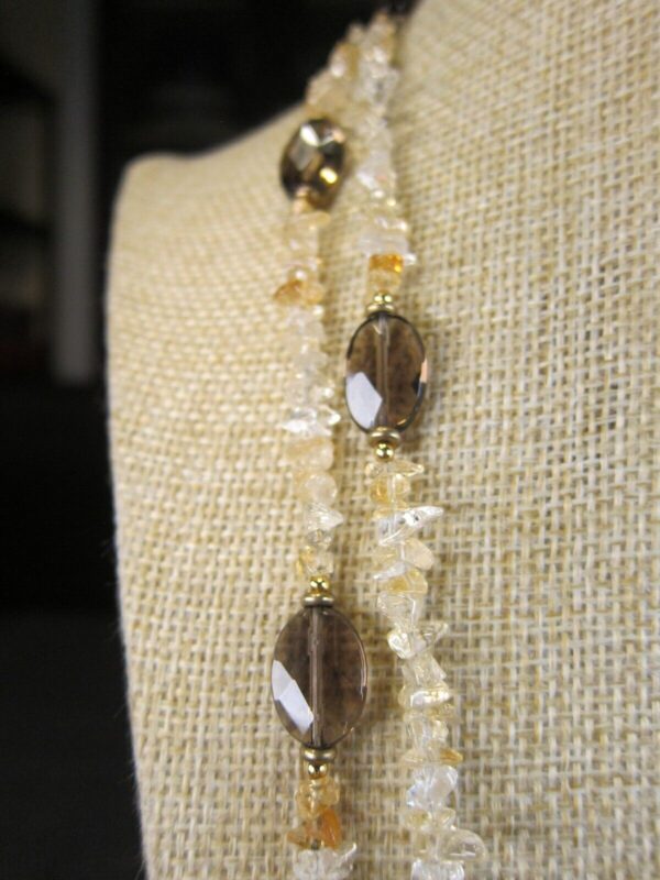 Gorgeous 60" long quartz citrine chip necklace w/faceted smoky quartz beads - Image 2