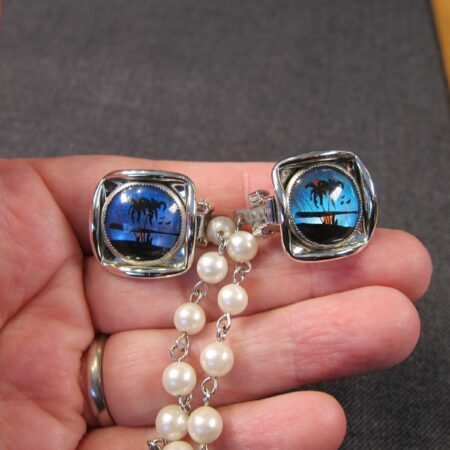 Beautiful vintage real butterfly wing ocean palm tree scene sweater clips MINT