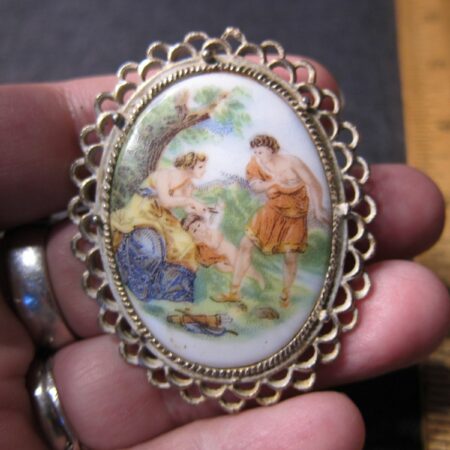 Beautiful vintage transfer on porcelain painting scene pin brooch or pendant