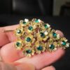 Gorgeous vintage flower cluster lilac? gold tone pin brooch green rhinestones - Image 7