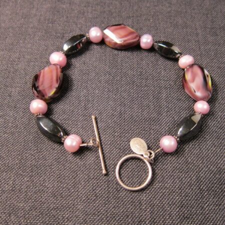 Donna Dressler signed sterling silver purple glass pink real pearls bracelet