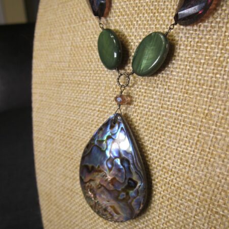 Gorgeous sterling silver abalone necklace purple glass green shell 18"