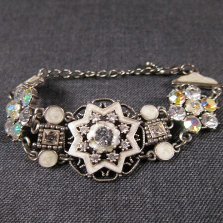 Gorgeous ornate bracelet white metallic enamel AB rhinestones star flowers 6-8"