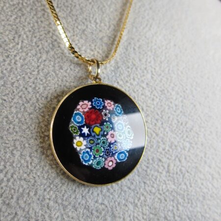 Gorgeous black & multicolor millefiori glass pendant necklace 18" gold-tone