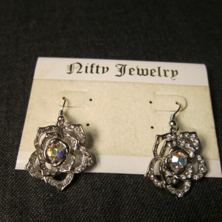 Brand new Nifty Jewelry flower dangle drop earrings AB crystals white rhinestone