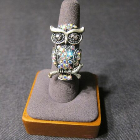 CUTE silver tone big Owl cocktail ring w/ Aurora Borealis AB crystals adjustable