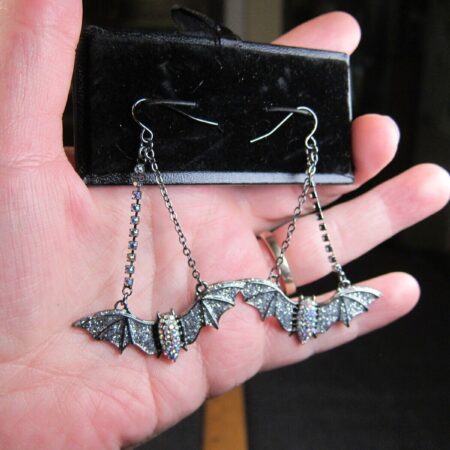 Gorgeous gunmetal silvery glitter & AB crystal dangling bat earrings BJ