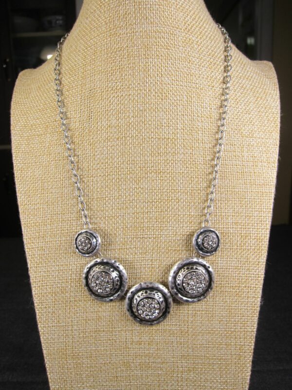 Pretty matte silver tone statement necklace PURE Brand rhinestones medallions