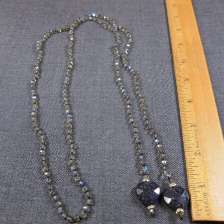 Gorgeous hand-knotted iridescent AB glass bead lariat necklace w/blue goldstone