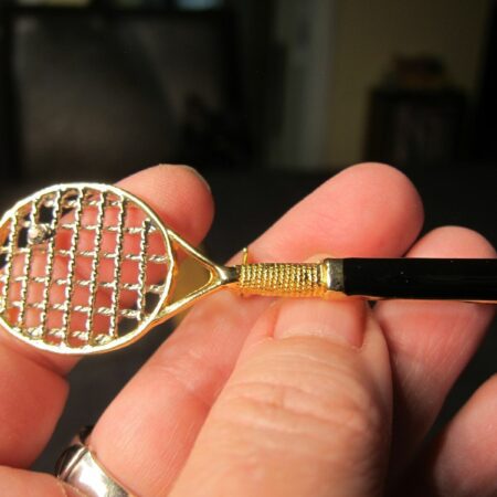 Gold & silver tone tennis racket brooch pin rhinestone ball black enamel 3" BIG!