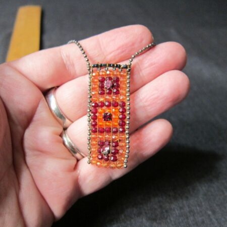 Delicate Boho style beaded woven mesh necklace pink orange purple