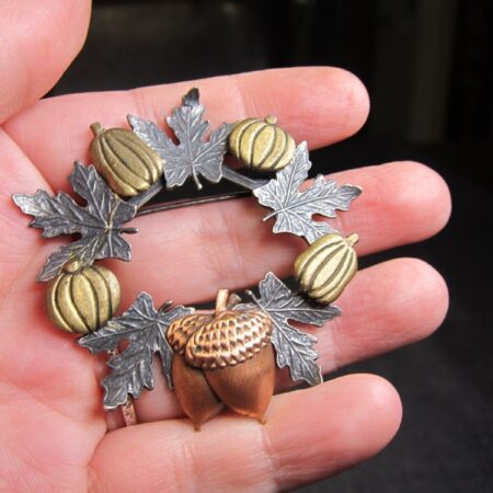 Beautiful sterling silver w/copper & brass leaf circle wreath brooch acorns fall