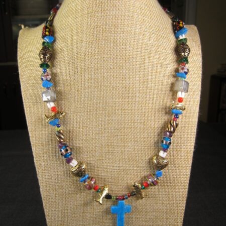 Gorgeous vintage necklace w/tons of colorful beads fish cross glass stone etc.