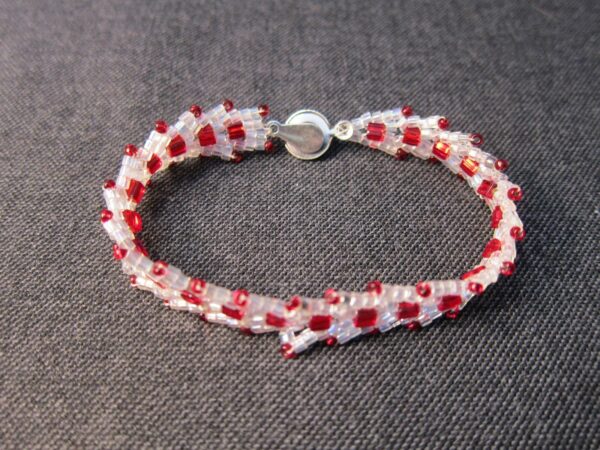 Gorgeous red & white AB crystal glass seed bead woven chevron bracelet - Image 2