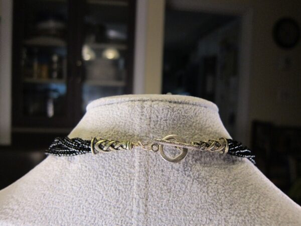 Pretty, ornate silver-tone cross necklace 19" multi-strand black seed beads - Image 2